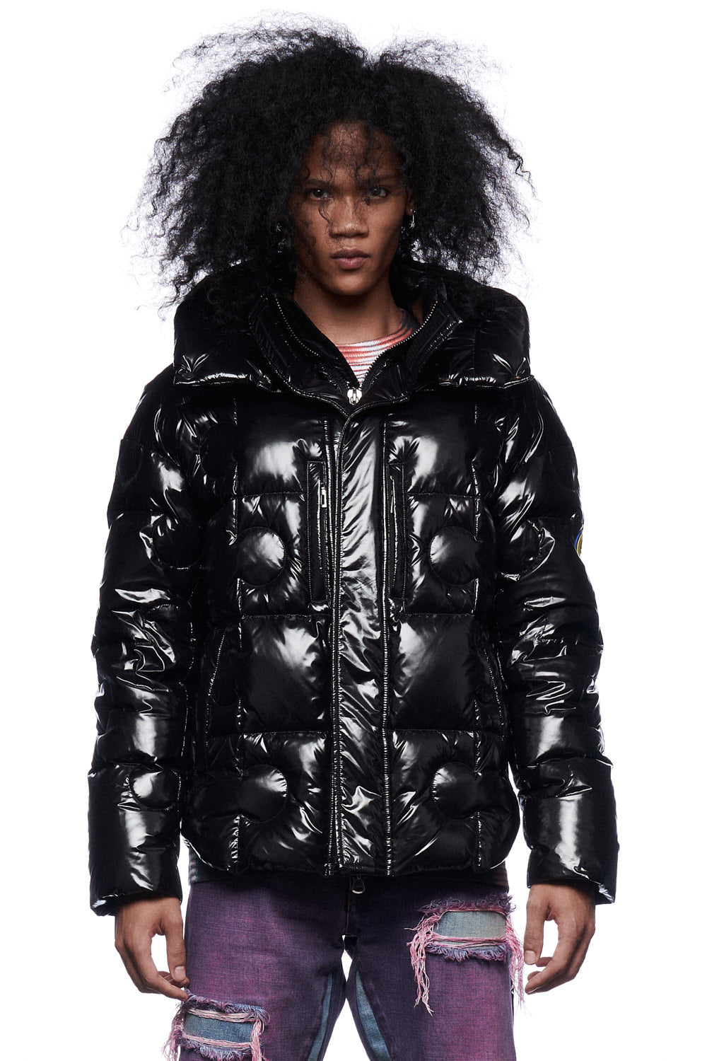 Black shiny puffer jacket with hood sales