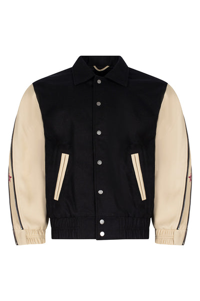 SUNSET RODEO LEATHER VARSITY JACKET-BLACK/CREAM
